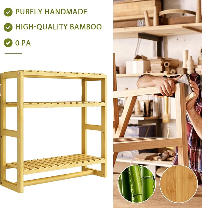 Galood Over The Toilet Storage Bathroom Shelves Wall Mounted 3 Tier Space Saver Corner Shelf Organizer Bamboo Towel Rack Toilet Paper Cabinet with Hanging Rod Yellow