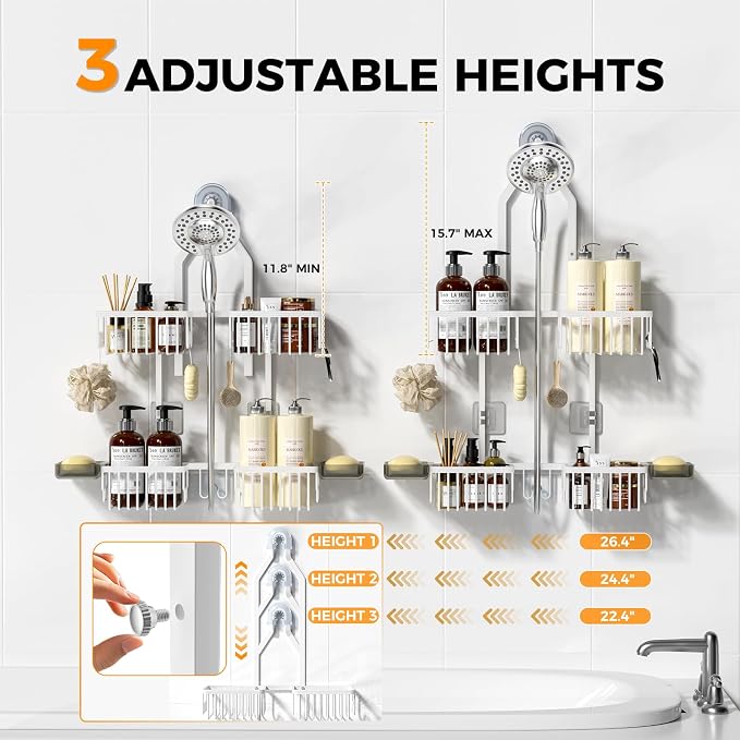 Adjustable Aluminum Shower Caddy Hanging for Handheld Showerhead, White | Rustproof Aluminum, Shower Organizer, Anti-Slip, Quick-Drain Shelf, 40lbs Capacity, Suction Cups, 8 Hooks, Razor Soap Holders