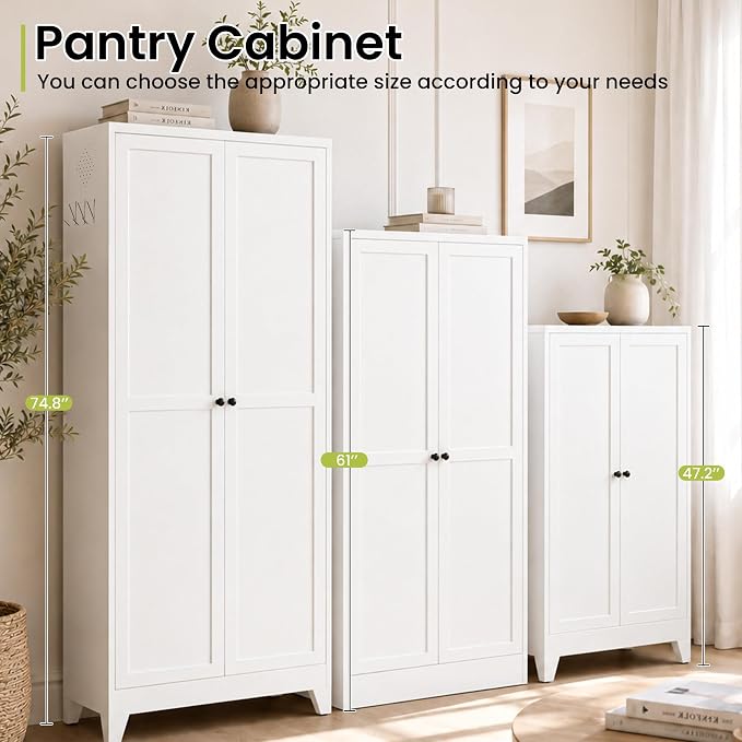 AQY 75" Pantry Cabinet, White Freestanding Storage Cabinet with 5 Adjustable Shelves, Metal Pantry Cupboard with Ventilation Design & Hanging Hooks, 2-Door Kitchen Organizer for Living Room Kitchen