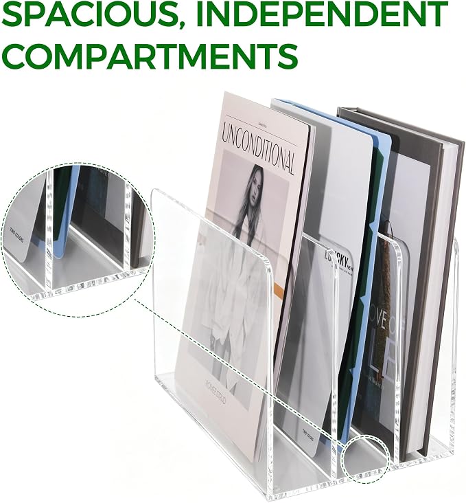 Acrylic Magazine File Holder, 3-Section A4 Desk Organizer | Fits A4 documents, 11.22"W x 7.68"H x 6.69"D, ideal for letters, folders & notebooks, 5mm thick premium clear acrylic