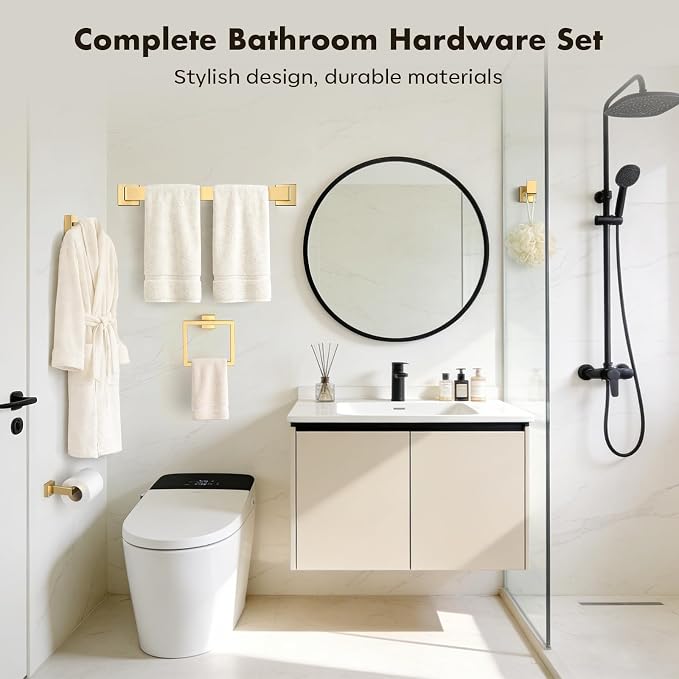 5-Pieces Gold Bathroom Accessories Set, 24 Inch Towel Bar Set | Stainless Steel, Towel Ring, Toilet Paper Holder, Robe Hooks, Towel Racks for Bathroom Wall Mounted, Bathroom Hardware Set