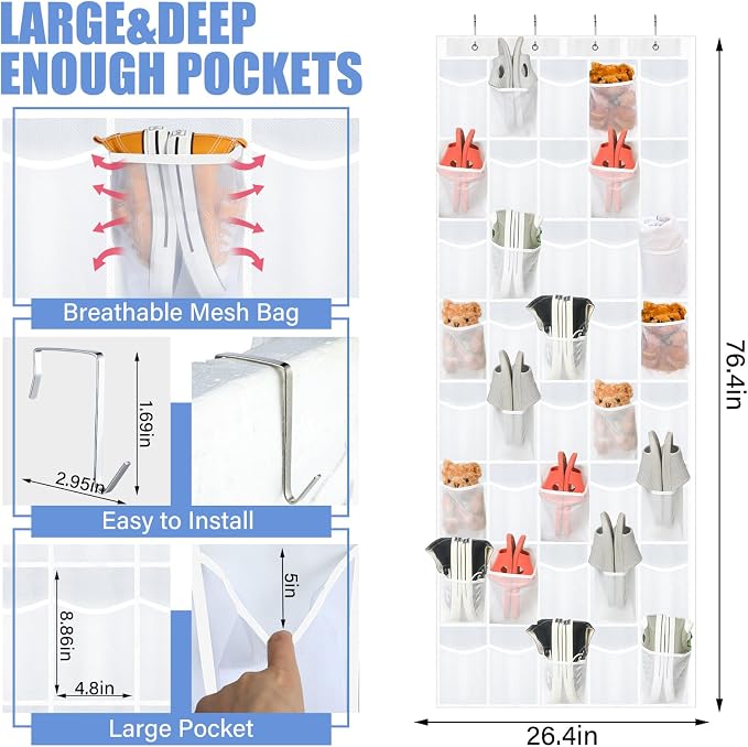 Windyun 2 Pcs 40 Pocket Over The Door Shoe Organizer Large Breathable Mesh Hanging Shoe Rack for Closet Space Saving Shoes Storage Holder Hanger for Dorm Room Bathroom Bedroom Entryway (White)
