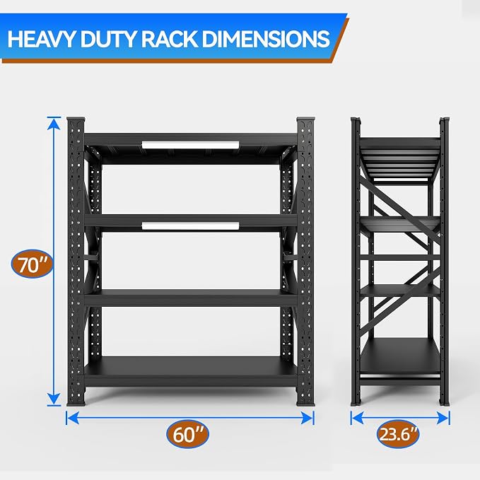 Heavy Duty 4-Tier Metal Garage Storage Shelving Unit | 5000 LBS Capacity, 69.6"H×59.8"W×23.6"D Rectangular Storage Rack for Garage, Warehouse & Basement
