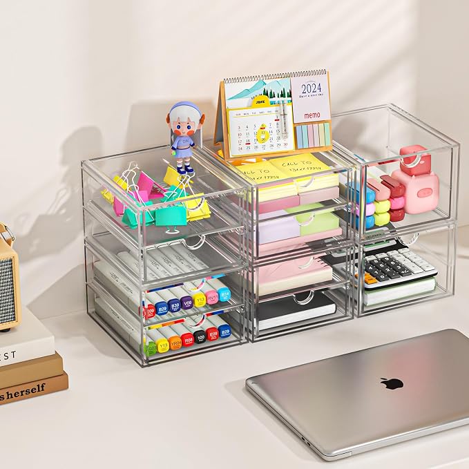 caktraie 4-Pack 4-Drawer Acrylic Storage Organizer for Desk, Crafts,Vanity | Smooth-glide drawers, clear body, dustproof, wipe clean, for paintbrushes, beads, sequins, googly eyes, embroidery floss