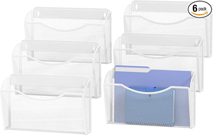 MINDEPOT Wall File Organizer, Hanging Wall File Holder, 6 Pack, Black | Heavy Duty Iron, Metal Mesh Wall Mount, Single Pocket, Mail Organizer, for Office School Classroom Home, Letter A4 Size