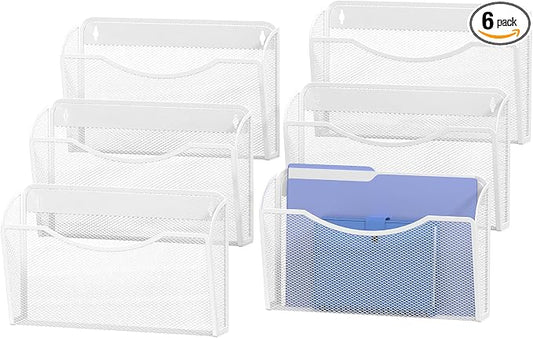 MINDEPOT Wall File Organizer, Hanging Wall File Holder, 6 Pack, Black | Heavy Duty Iron, Metal Mesh Wall Mount, Single Pocket, Mail Organizer, for Office School Classroom Home, Letter A4 Size