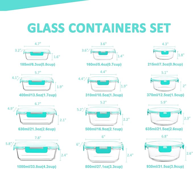 24 Pieces Glass Food Storage Containers Set, Meal Prep Containers, BPA-Free Airtight Glass Storage Containers with lids, Freezer, Microwave and Oven Safe,Green
