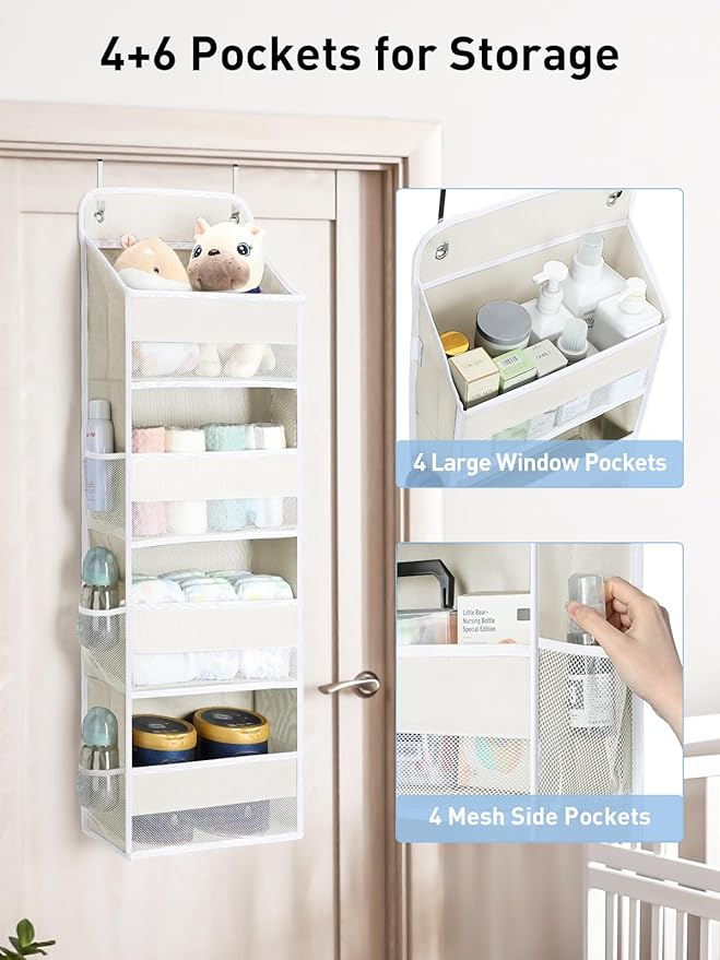 Yecaye Over the Door Organizer, 35.2lbs Load Toy Stuffed Animal Storage, Bathroom Organizers and Storage for Nursery Newborn Baby Essential Stuff Dorm Room Essentials, Cream White 4 Tier