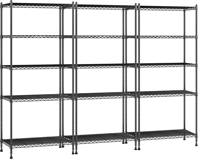 Romorgniz 5-Tier Shelf 1010LBS Storage Shelves Adjustable Wire Shelving,Tool-Free Assembly,Metal Shelving Unit for Kitchen Pantry Closet Laundry Bathroom 59" Hx21.7 Wx13.8 D,Black,3P