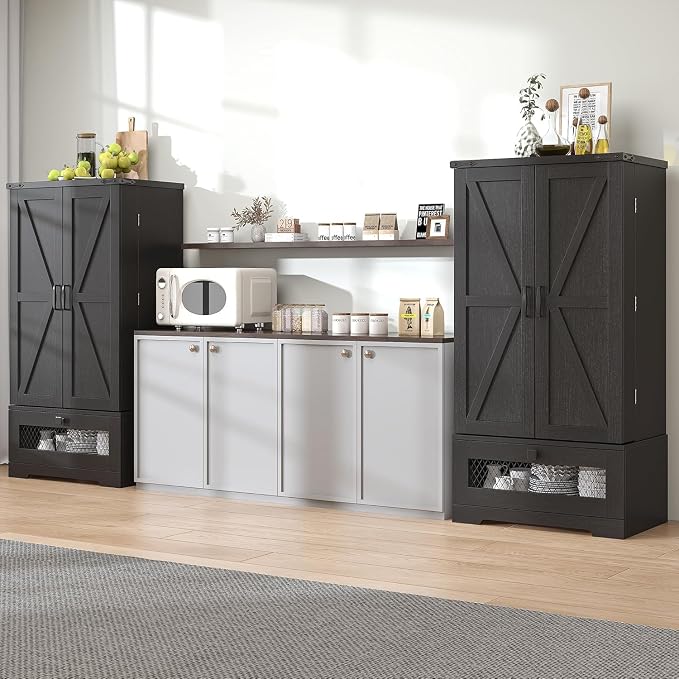 kepptory Farmhouse Pantry Cabinet with Barn Door & Adjustable Shelves, Freestanding Kitchen Storage Cabinet for Dining Room, Bathroom, Hallway (Black)