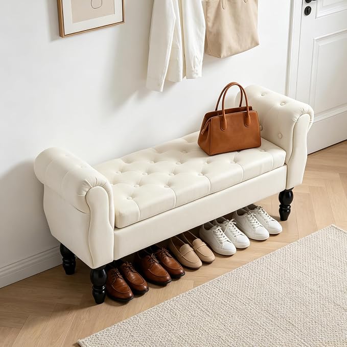 47″ Storage Bench with Arms End of Bed Bench,Velvet Entryway Bench with Storage, Button Tufted Upholstered Ottoman Bench Wood Legs, Window Sitting Bench for Bedroom/Living Room/Hallway, Cream