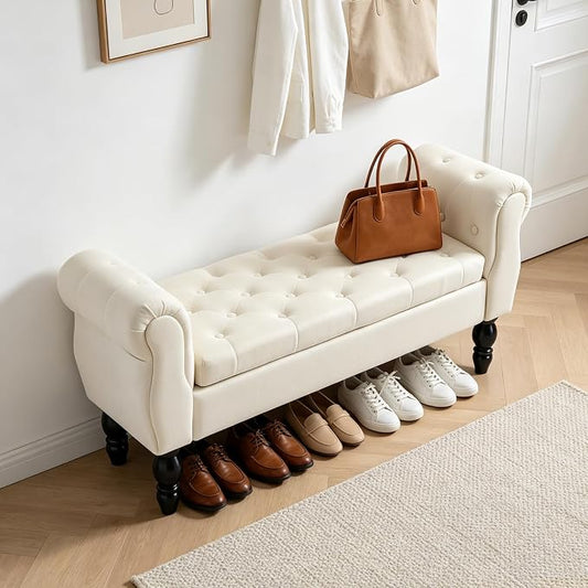 47″ Storage Bench with Arms End of Bed Bench,Velvet Entryway Bench with Storage, Button Tufted Upholstered Ottoman Bench Wood Legs, Window Sitting Bench for Bedroom/Living Room/Hallway, Cream