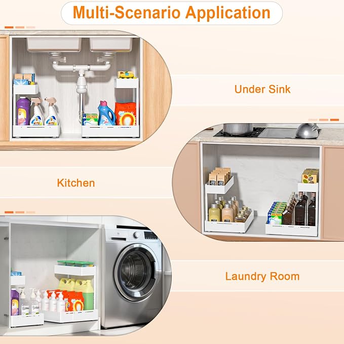 YJHome 2 Pack Expandable Under Sink Organizer, 2 Tier Pull Out Cabinet Organizer with Smooth Ball Bearing Slides, Adjustable Height Cabinet Storage Shelves for Kitchen, Bathroom, Laundry, Pantry