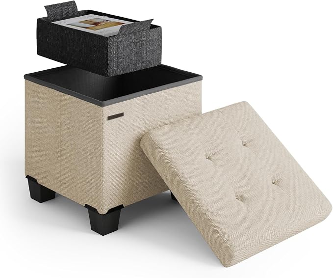 Storage Ottoman Cube with Small Bin, 15-in Square Ottoman with Storage for Living Room and Bedroom, Small Ottomans Foot Rest, Fabric Foot Stools Ottomans Max 330lbs, Beige