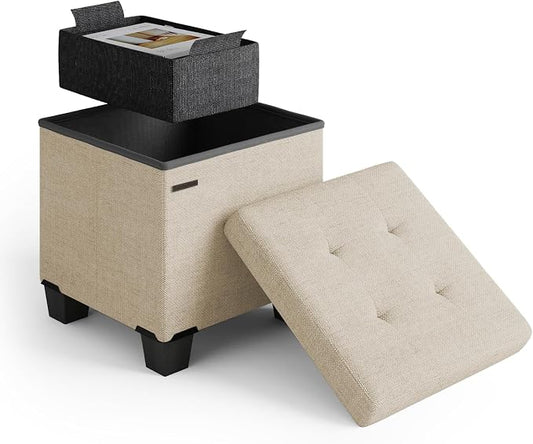 Storage Ottoman Cube with Small Bin, 15-in Square Ottoman with Storage for Living Room and Bedroom, Small Ottomans Foot Rest, Fabric Foot Stools Ottomans Max 330lbs, Beige