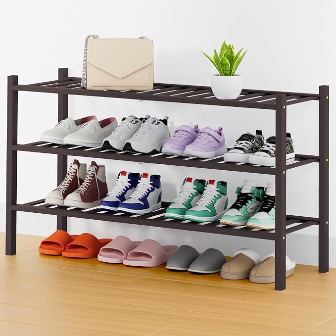Smiry Bamboo Shoe Rack, 14 Vertical Slats, 3 Tier - 33.7" Wide, Brown | Stackable Free Standing Wooden Shoe Organizer, Wood Shoe Storage Shelf for Closet, Entryway, Thicher Leg