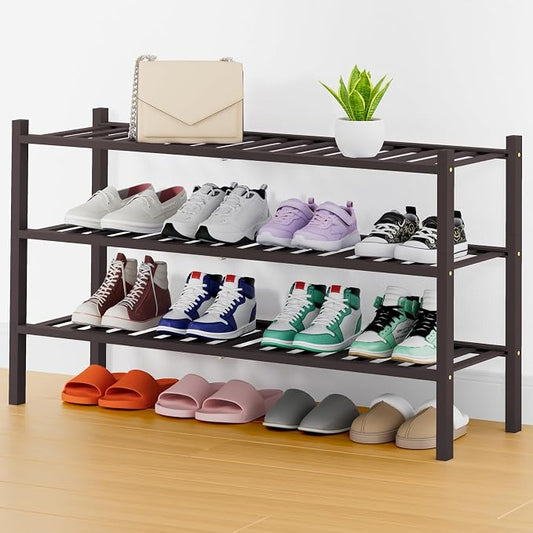 Smiry Bamboo Shoe Rack, 14 Vertical Slats, 3 Tier - 33.7" Wide, Brown | Stackable Free Standing Wooden Shoe Organizer, Wood Shoe Storage Shelf for Closet, Entryway, Thicher Leg