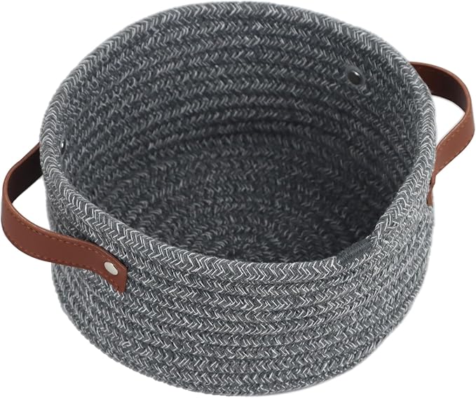 Small Woven Cotton Rope Basket with Leather Handle, Grey | Mini Round Storage Basket, Empty Gift Basket, Nursery Toy Organizer, Decorative Shelf Bin, Boho Room Decor