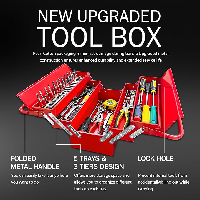 YATOINTO Metal Cantilever Tool Box 18 Inch, 3 Layers 5 Tray Portable Fold Out Tool Box Organizer Storage for Home Studio Auto Repair Factory 18" * 8 "* 8"