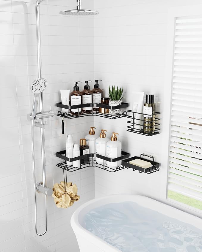Sakugi Corner Shower Caddy - 4-Pack Shower Organizer with Soap Holder & Toothbrush Holder, Rustproof Metal Shower Shelves, Laundry, Kitchen, Bathroom Organizers and Storage Solution, Large, Black