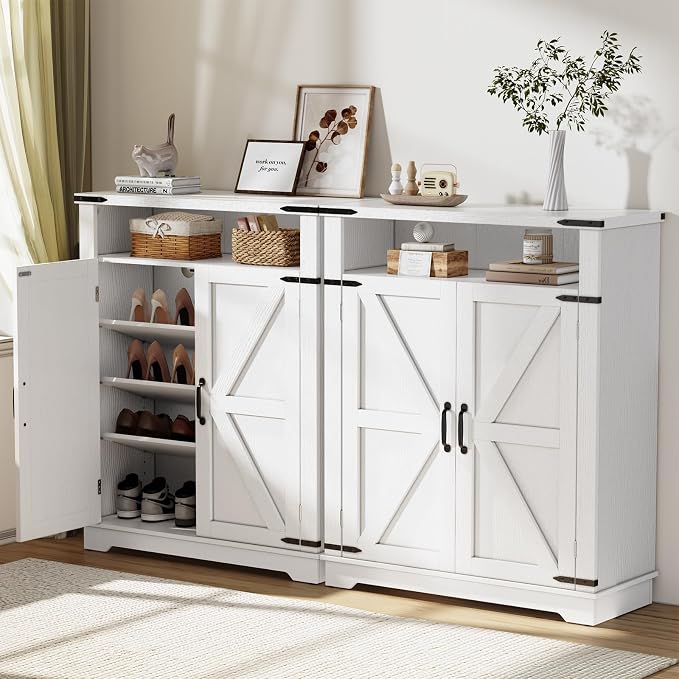 ALLSTAND 6-Tier Shoe Cabinet with Doors, Set of 2, Entryway Shoe Rack Shoe Storage Cabinet with Adjustable Shelves & Anti-tip Fitting for Entryway, Living Room, Closet (White, 4-Doors)