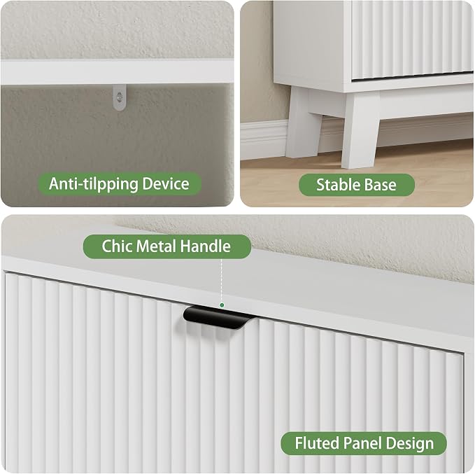 Xixini Shoe Cabinet with 3 Flip Drawers, 54" Tall Narrow Fluted Shoe Storage Organizer for Entryway, Hidden Slim Wooden Shoe Rack Cabinet for Front Door Entrance, Hallway, Living Room, Solid White