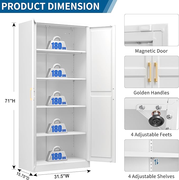 71" Tall White Metal Storage Cabinet with Doors, Heavy Duty | Freestanding Steel Kitchen Pantry Cabinet, 4 Adjustable Shelves (180 Lbs Load), Tall Cabinets for Home, Office and Garage