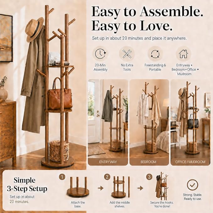 Solid Wood Rotating Coat Rack Freestanding, 360° Coat Tree with 3 Shelves & 9 Hooks, Heavy Duty Rubberwood Coat Hanger Stand, Hat Rack Hall Tree for Entryway Bedroom Office Hallway, Walnut