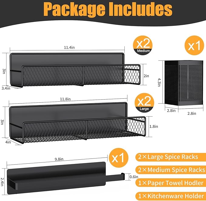 Magnetic Spice Rack for Refrigerator, 6 Pack 100% Metal Strong Magnet Shelf Black, Space Saving Spice Organizer, Home Kitchen Laundry Room Storage Organization W/ Paper Towel Holder, Utensils Racks