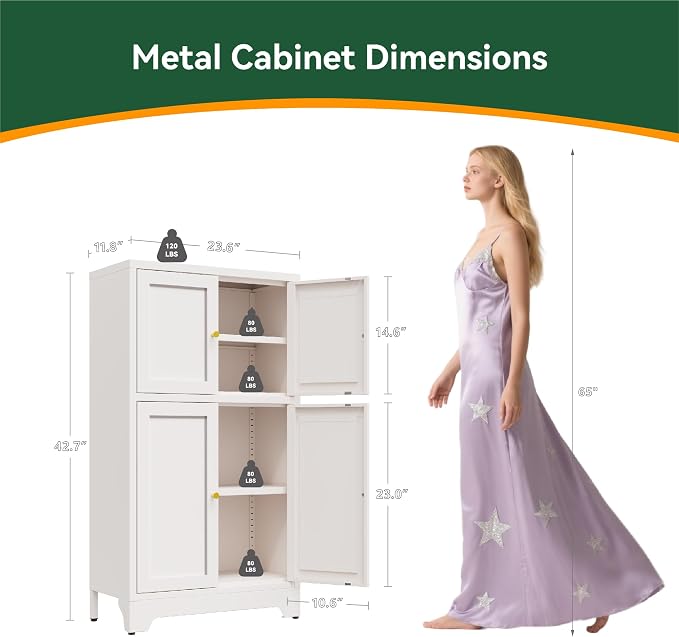 Bevivog Metal Locker Storage Cabinet,Home Accent Cabinets with 4 Doors and 2 Adjustable Shelves, Sideboard Coffee Bar Cabinets Small Pantry for Entryway, Bathroom, Kitchen,Living Room,Hallway