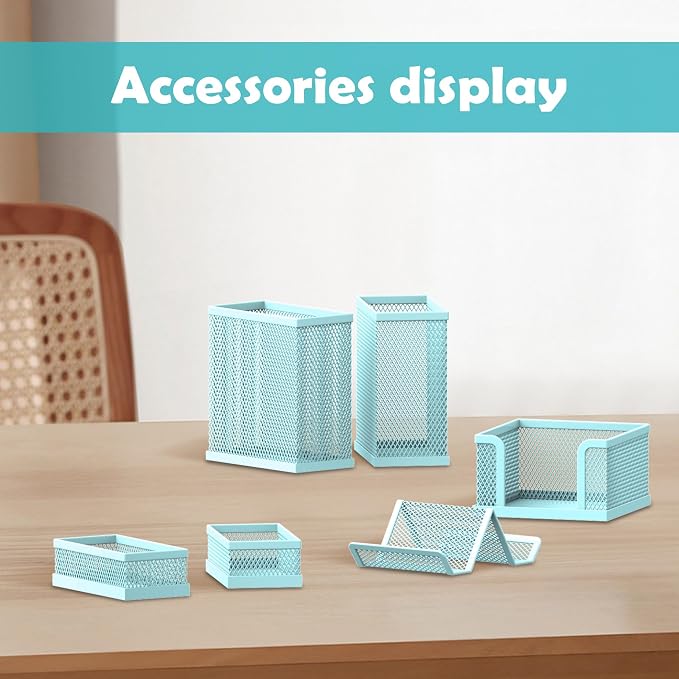 Pen Holder for Desk, 6-Piece Mesh Desk Organizer with Phone Holder, Blue | 6-Piece Black Mesh Desk Set Includes Pen Cups, a Sticky Note Caddy and Phone Holder for Office, School, Home