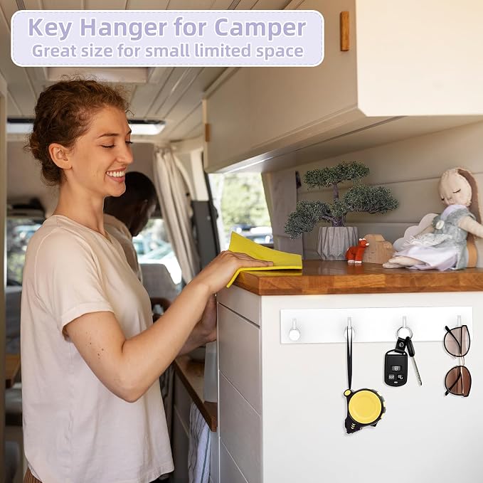 VIS'V Key Holder Wall Mount, Large Adhesive Key Hanger with 4 Hooks, White | Metal Material, No Drilling, Extra Adhesive Strip, Suitable for Entryway, Hallway, Doorway, Kitchen, Garage, Camper