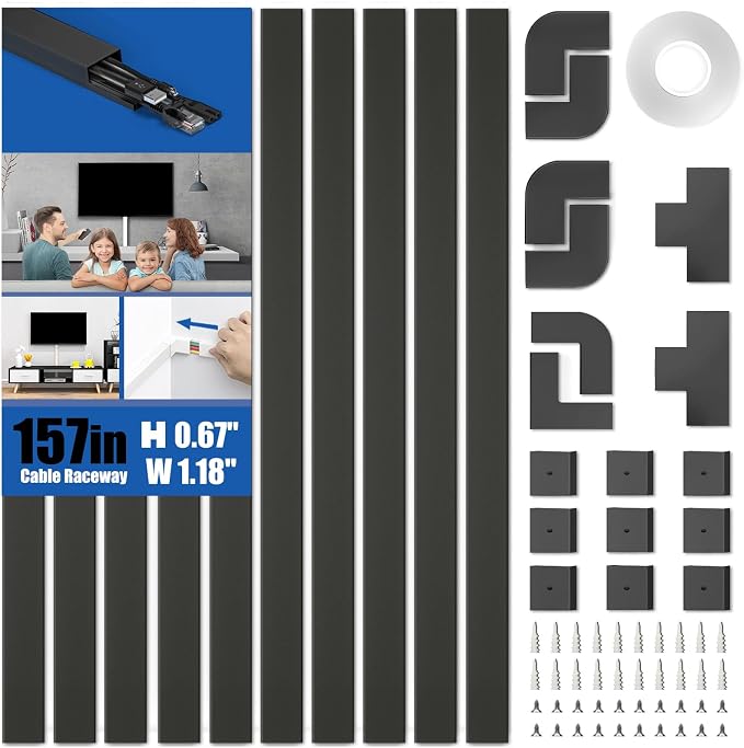 Delamu 157in Cord Hider, Cord Cover Wall Cable Management, Paintable Wire Cover for Cords, Cable Hider Raceway Kit, Cable Cover Concealer, Wire Hiders for TV on Wall, 10 X L15.7 W1.18 H0.6in, Black