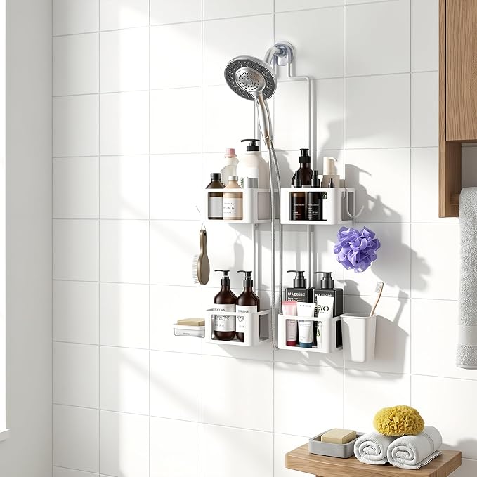 Epicano Shower Caddy for Handheld Showerheads,Stainless Steel, White | Removable Hooks,Soap Holder & Toothbrush Holder, Rustproof, Anti-Swing, Holds Razor, Sponge, Soap, Toothbrush