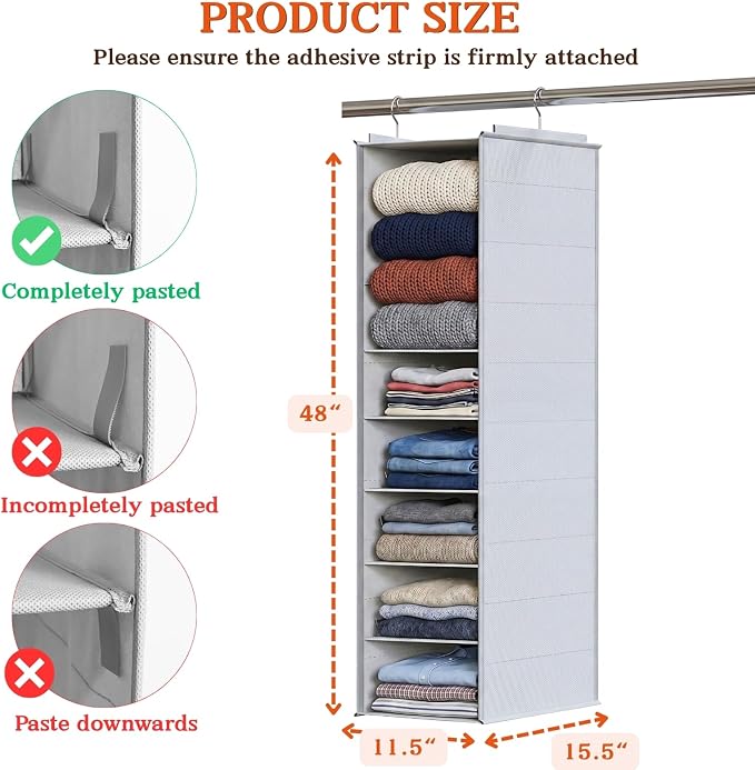 Deep Pocket Hanging Closet Organizer, 8 Tier Hanging Shoe Organizer | Adjustable Shelf Height Closet Organizers and Storage for Sweaters, Shoes, Hoodies & Blankets, Heavy Duty Hanging Shelves