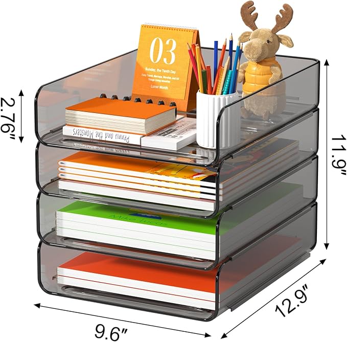 FANXIYQ 4-Tier Acrylic Paper Tray Organizer, Brown Office Paper Organizer | Stackable, Tool-Free Design with 2-4 Tiers for A4 Paper, Files, Books and Mail; Ideal for School, Home Office and Study Room