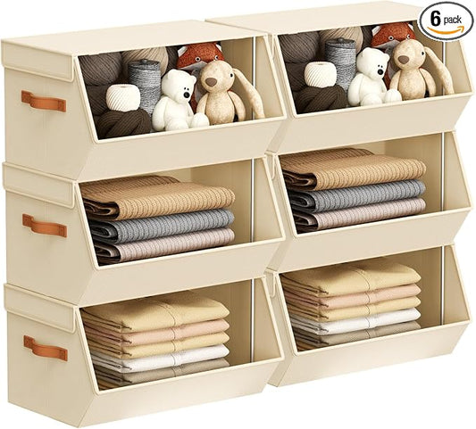 Stackable Closet Organizers and Storage Bins, Open Front Closet Shelf Organizer System With Steel Frame, Clothes Storage Basket Fabric, Collapsible Closet Drawers for Wardrobe, Nursery ,Toy, 6 Pack