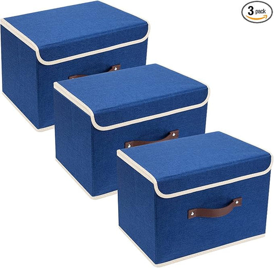 TYEERS Collapsible Storage Boxes, Washable Fabric Storage Bins with Lids, 14.9x9.8x9.8 inches, 3 Pack, Classic Blue