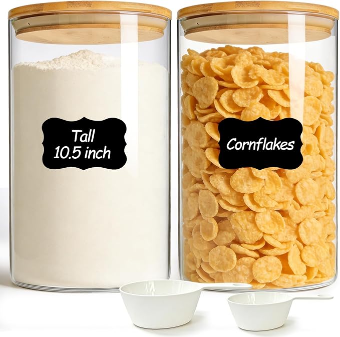 ComSaf Flour Sugar Storage Containers 4 Qt, 2 Pack Glass Flour Container | 26.6cm/10.5in Tall, Gallon Large Glass Storage Canisters, 15cm Extra Wide Mouth, Easy Clean and Scoop, 4.6lb Flour, BPA Free