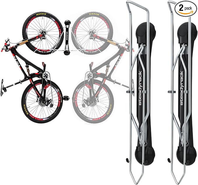 Steadyrack Bike Rack – Pivoting Mountain Bike Rack, Holds Up to 77 lbs, Fits 24"-29" Wheels, 2.1"-2.8" Tires, Foldable Wall Mount for Space-Saving Bicycle Storage - 2 Pack | Fits 24 to 29 in wheels and 2.1 to 2.8 in tires. Roll-in, no lift, holds mount...