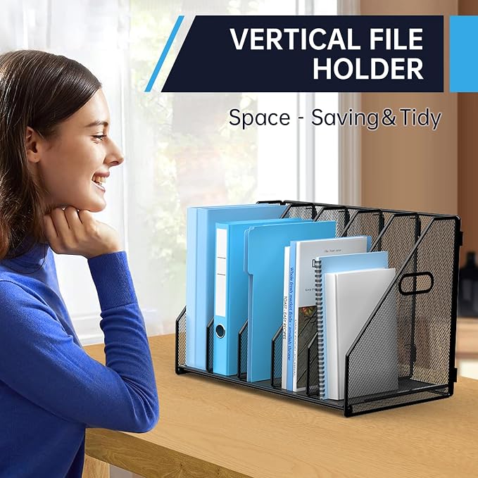 MINDEPOT Desk File Organizer Folder Holder with 5 Vertical for Office Black | Sturdy Metal Mesh, Magazine Folder Holder, Rack File Organizer for Home School, 5 Vertical Compartments