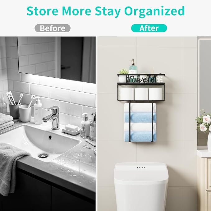 HapiRm Wall Towel Rack for Bathroom, Paper Towel Holder for Above Toilet | Metal Rolled Towel Storage with 4 Hooks Space-Saver Towel Shelf Organizer For Bathtub, Vanity, Small Bathroom, RV, Camper