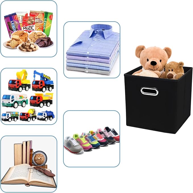 Black Fabric Cubby Storage Bins,13x13x13 Inches ,Cube Organizer Bin Foldable Storage Boxes with Dual Handles Fabric Organizer Box and collapsible Storage basket,Set of 6,Black