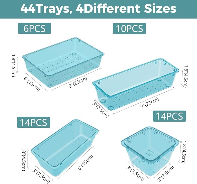 44 PCS Clear Plastic Drawer Organizer Set, 4 Sizes Storage Bins, Sea Blue | Desk Drawer Organizer Trays for Makeup, Jewelry, Gadgets and Utensils, Perfect for Bathroom, Bedroom and Office Organization