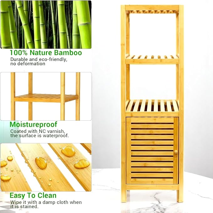 RoyalHouse Bamboo 3-Tier Floor Organizer with Shutter Door, Freestanding Storage Tower for Bathroom, Bedroom, Kitchen, Laundry Room – Eco-Friendly Natural Bamboo