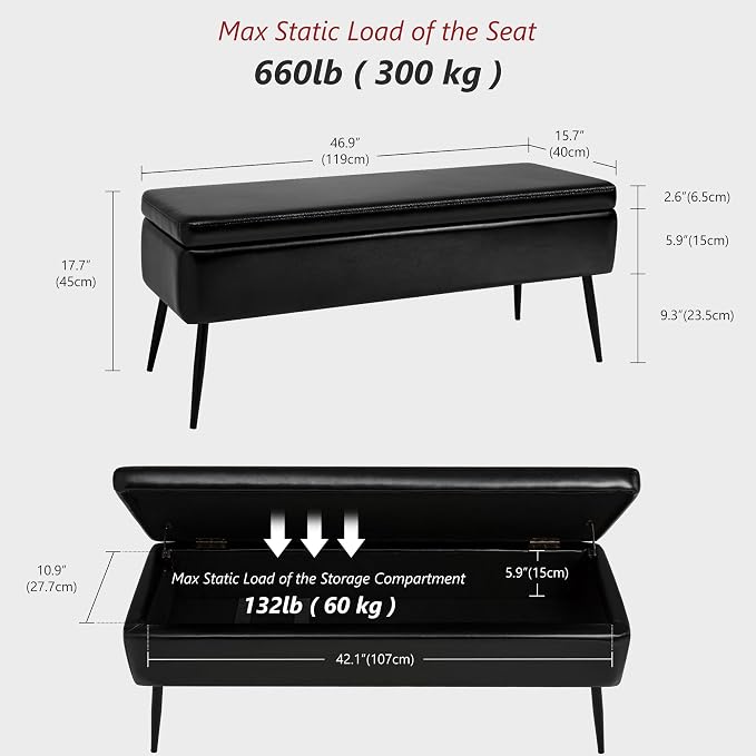 kinmars Leather Storage Ottoman Bench, End of Bed Bench with Steel Legs | Black Leather Smooth Upholstery Design | 660 lb Capacity | Safety Hinges |Mid-Century Modern Style | Bedroom & Entryway