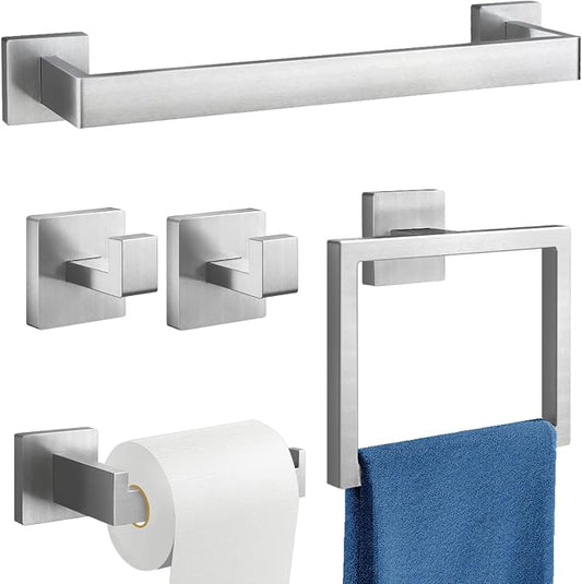Brushed Nickel Towel Rack for Bathroom Wall Mounted, Bathroom Accessory Set 5-Pieces Bathroom Hardware Set 16In Towel Bar Set