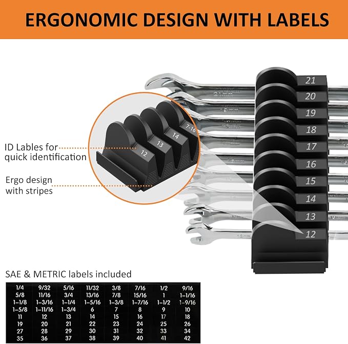 52 Pcs Modular Wrench Organizer for Tool Drawer with Metric & SAE Labels | Custom-fit Tool Drawer Modular Organizer for Garage & Workshop, 6-42mm/SAE Wrench Holder for Easy Grab, Gift for Mechanic