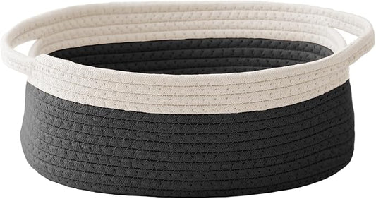 JMvicyroam Small Woven Basket, Empty Gift Basket, White&Black/1 Pack | Small Gift Basket, Cotton Rope, 12 x 8 x 60 in, Handles, Includes Ribbon and Bag, Birthday Gift Basket