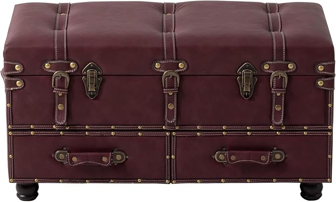 COZAYH Vintage Storage Ottoman Bench, Dark Magenta | Faux Leather, Wood Frame, 31.5x15.75x17.25 in, 250 lb Capacity, Hinged Lid, 2 Latches, Side Handles